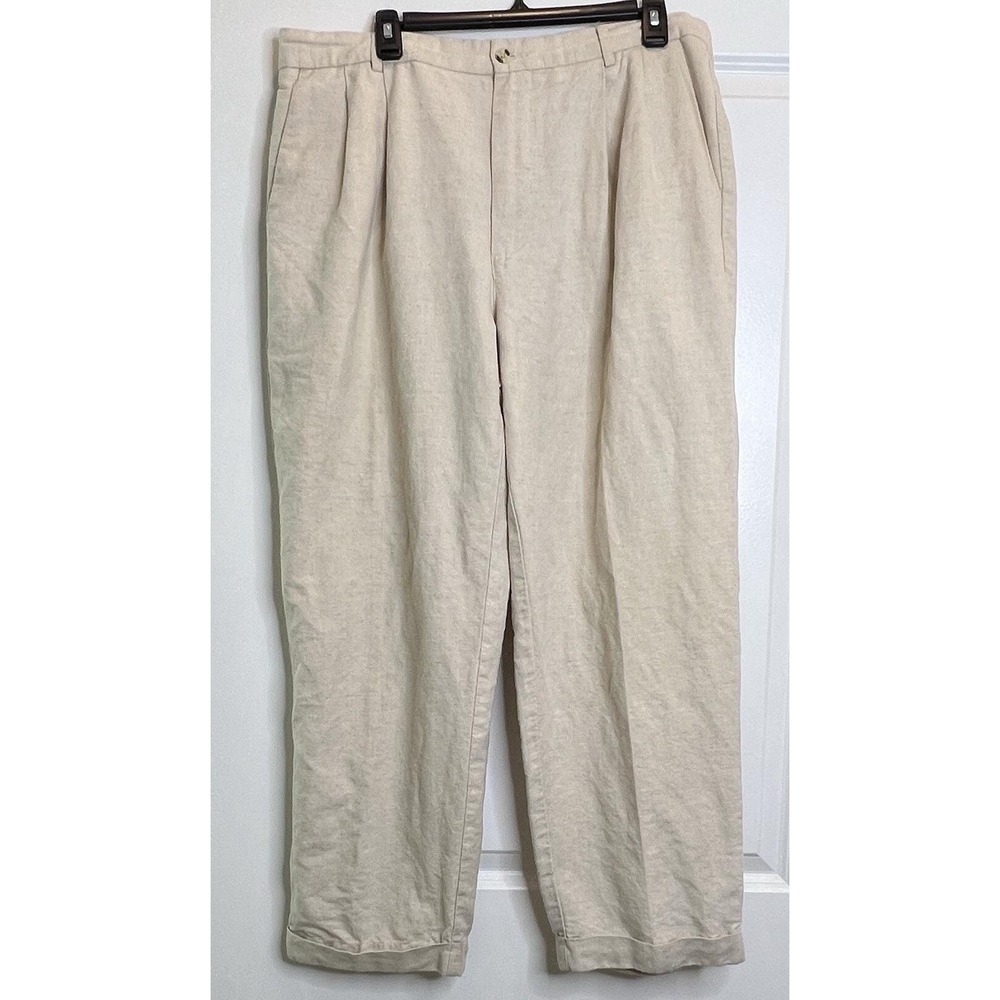 Vintage Club Room Linen Cotton Pants Mens 36x28 Beige Pleated Cuffed Trousers